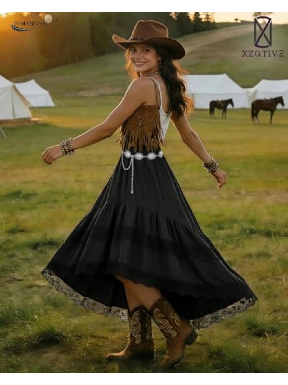 High Waist Lace Fringe Asymmetrical Cowgirl Midi Skirt